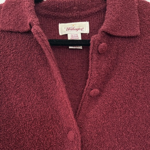 Worthington Women’s Burgundy Boucle Cardigan Polo Sweater - Medium Petite - Picture 2 of 6